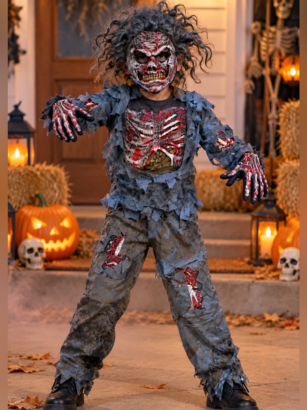 🧟 Zombie Costume Kids 4-6 3D Bones Ribs Mask Gloves Halloween